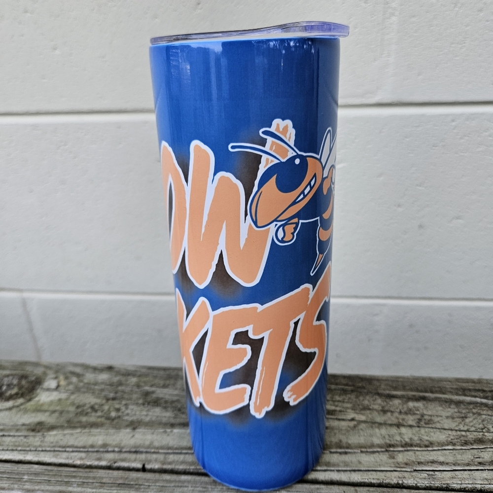 Yellow Jackets Blue Tumbler with Orange and White Graphics